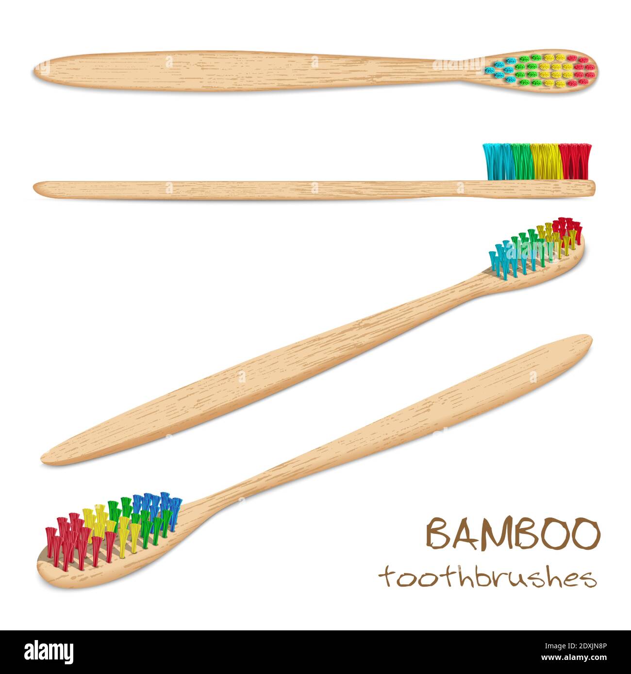 Bamboo toothbrushes. Varicoloured, natural bristle. Zero waste, Biodegradable material. Eco-friendly products. Isolated on white background. Different Stock Vector