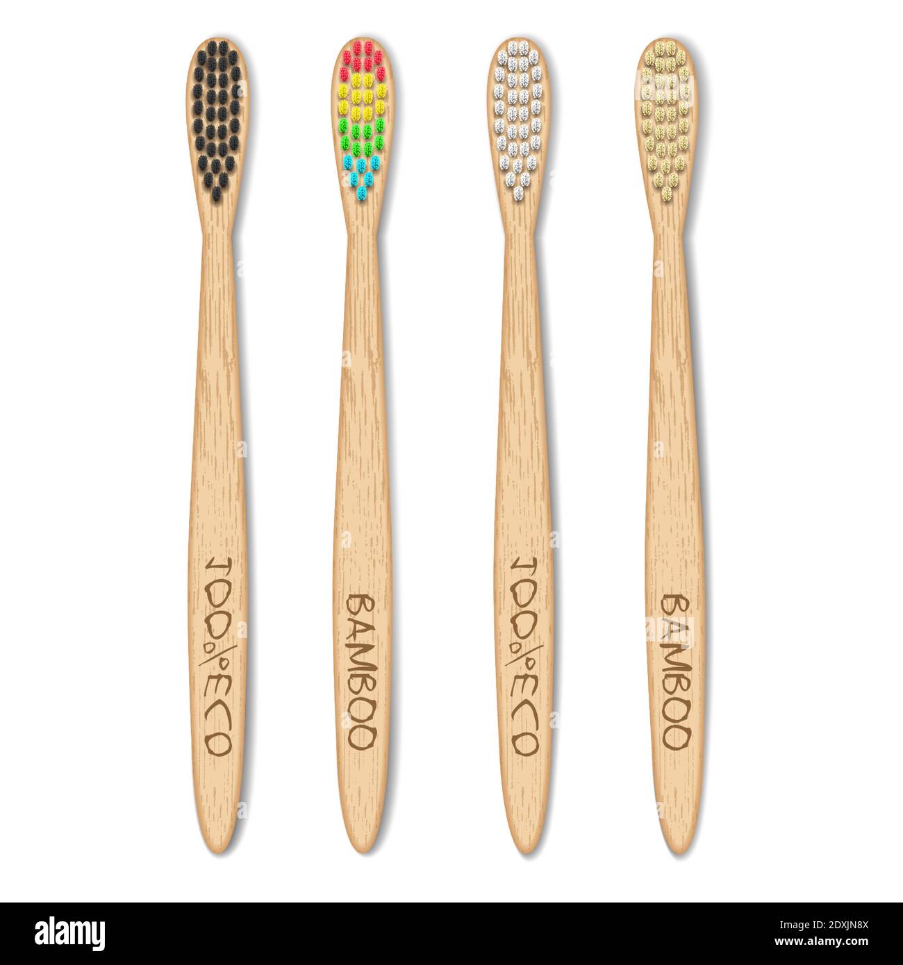 Bamboo toothbrushes for healthy teeth cleaning four pieces. Zero waste, a set of brushes with different bristles. Biodegradable material. Eco-friendly Stock Vector
