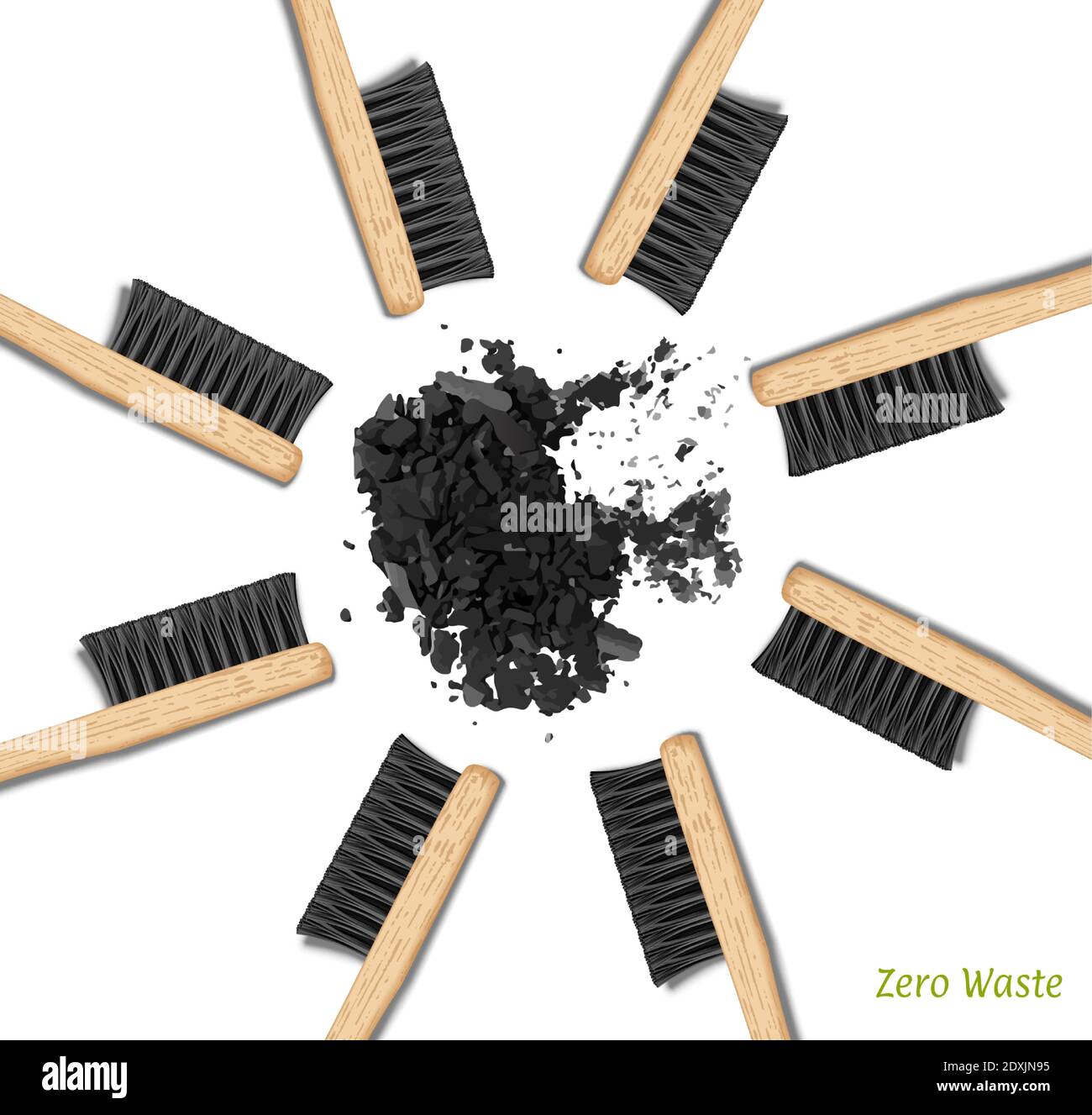 Banner Bamboo Toothbrushes in a circle. Zero waste, set of brushes with black bristles. Charcoal, carbon. Biodegradable material. Eco-friendly product Stock Vector