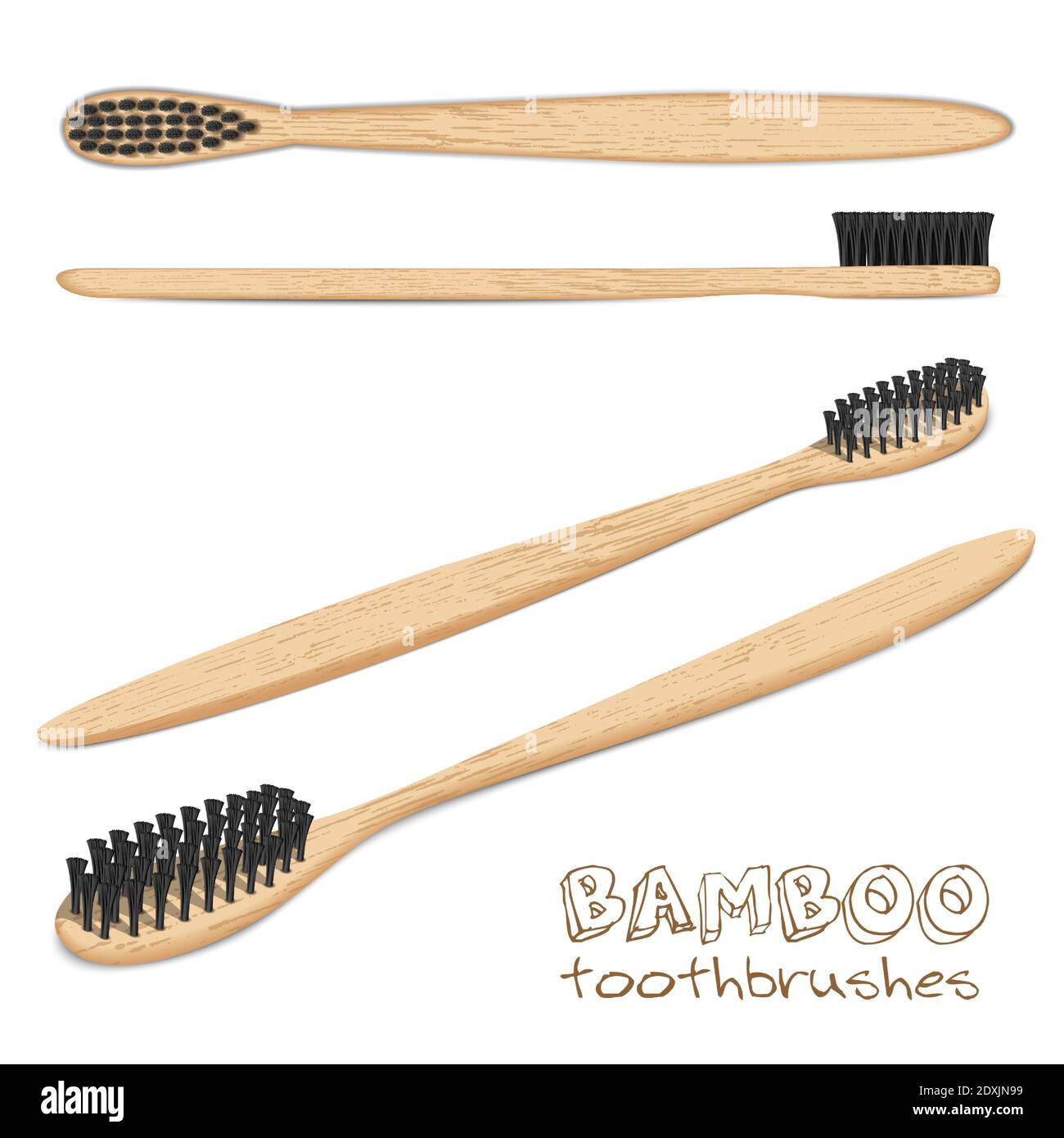 Bamboo toothbrushes. Carbon brush set, black bristles. Charcoal. Biodegradable material. Eco-friendly products. Isolated on white background. Vector i Stock Vector