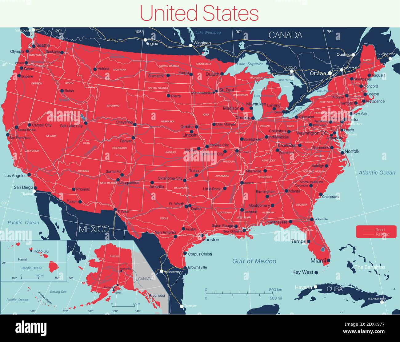 United States of America detailed editable map with cities and towns, geographic sites, roads. Vector EPS-10 file, trending color scheme Stock Vector