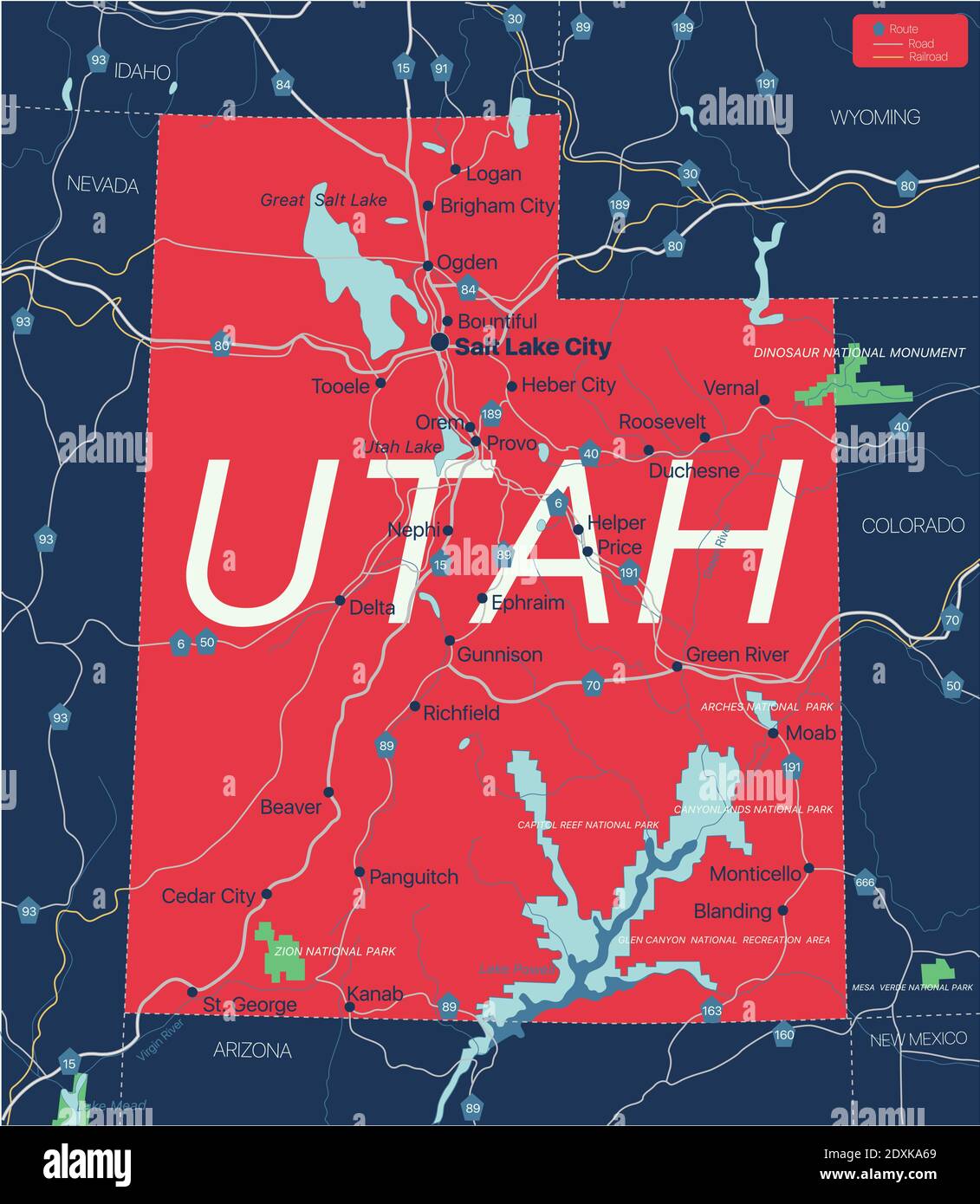 Utah state detailed editable map with cities and towns, geographic sites, roads, railways, interstates and U.S. highways. Vector EPS-10 file, trending Stock Vector