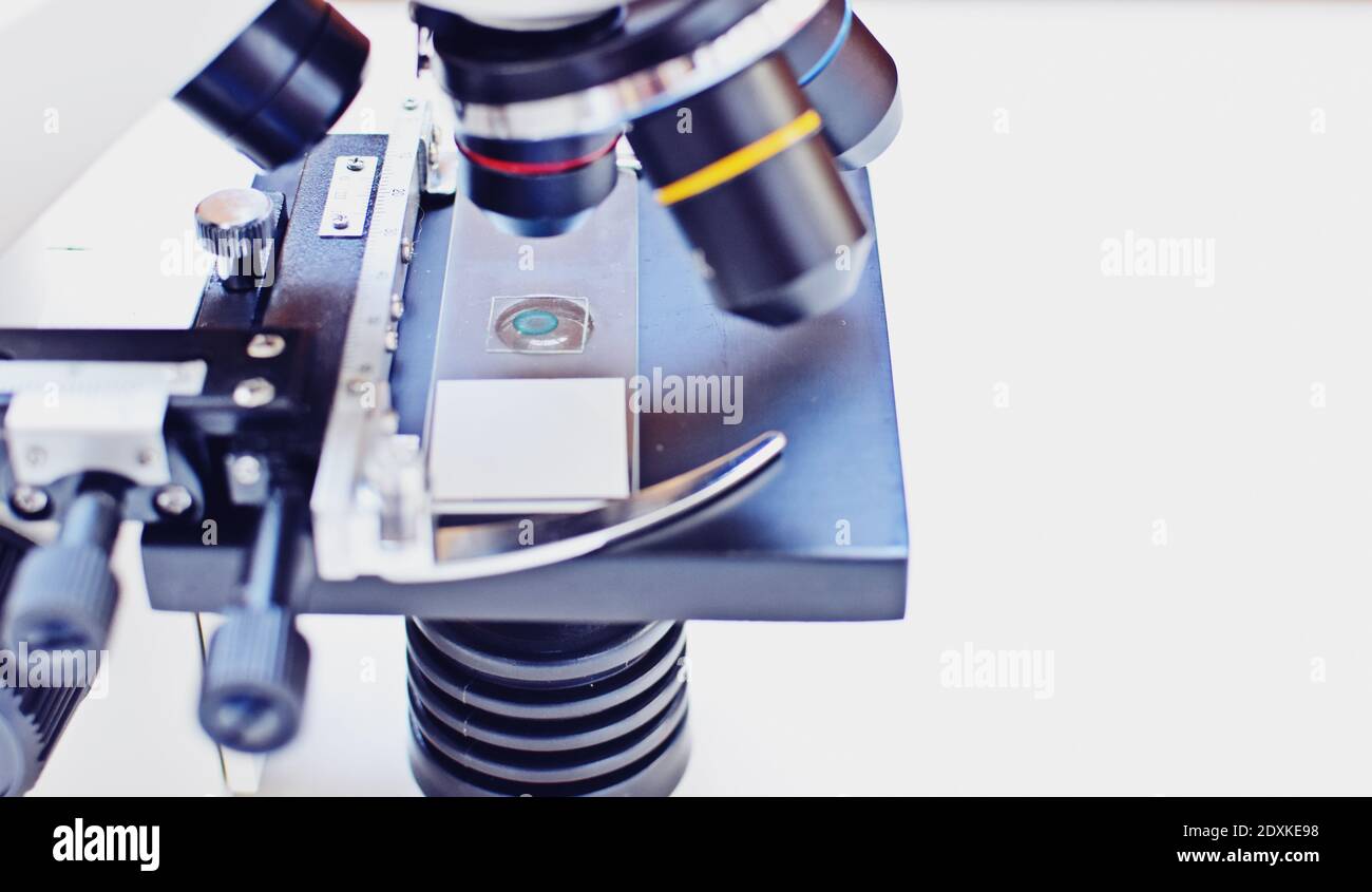 Close up of an microscope. Scientific optical laboratory equipment for research. Copy space text. Stock Photo