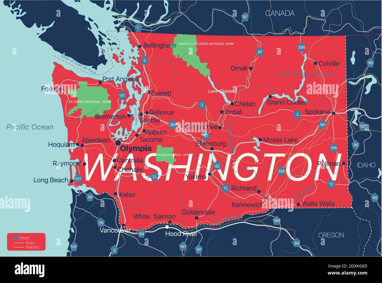 Washington state detailed editable map with cities and towns, geographic sites, roads, railways, interstates and U.S. highways. Vector EPS-10 file, tr Stock Vector