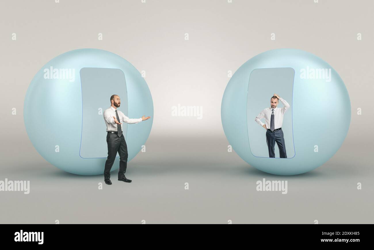 man comes out of the comfort zone, another is thoughtful and fearful. abstract image Stock Photo