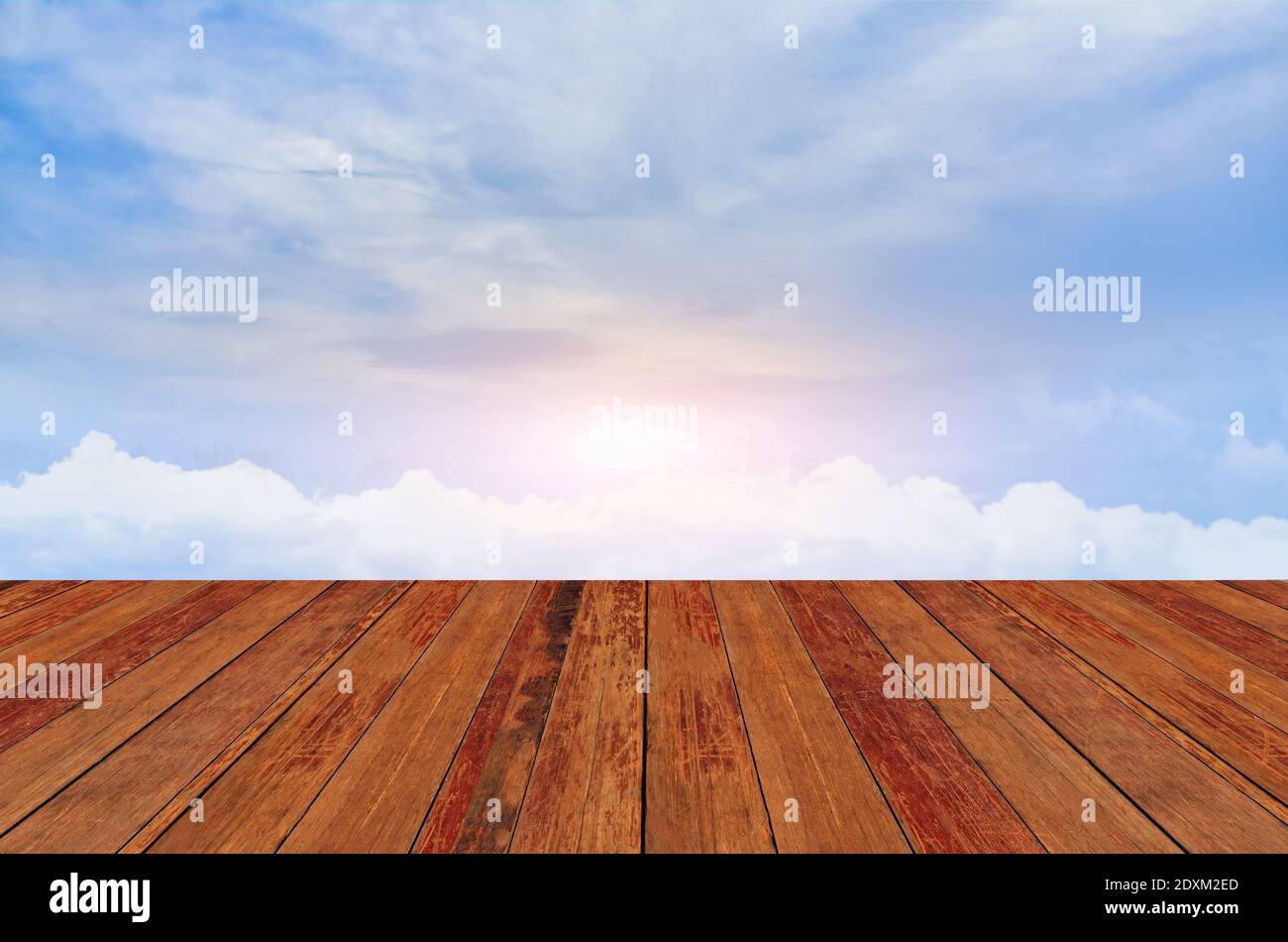 Wood table montage White cloud on beauty Blue Sky Background Stock ...