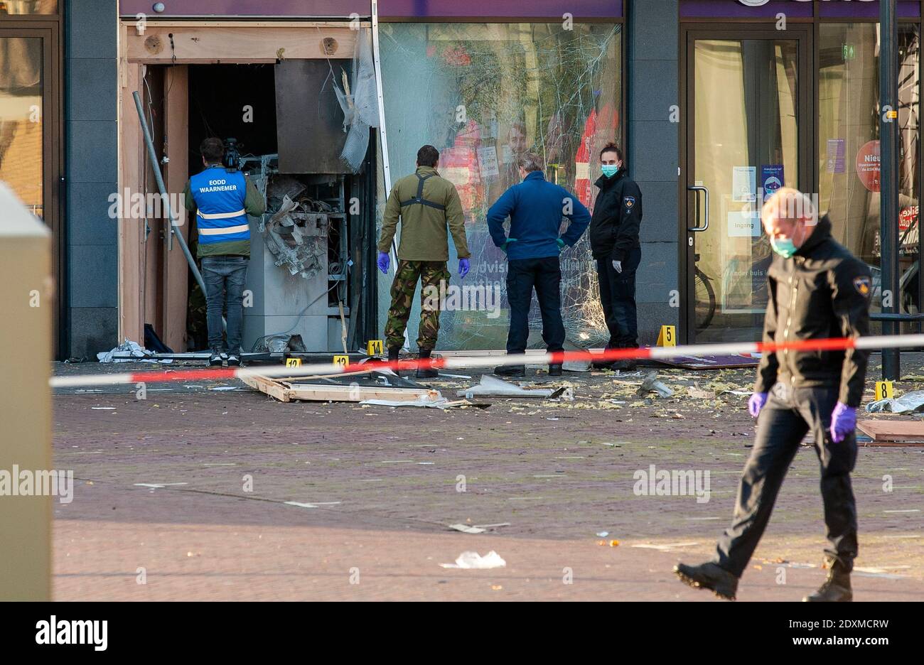 ENSCHEDE, NETHERLANDS - NOV 20, 2020: An explosion in an ATM machine causes huge damage. Police is investigating the case. Stock Photo