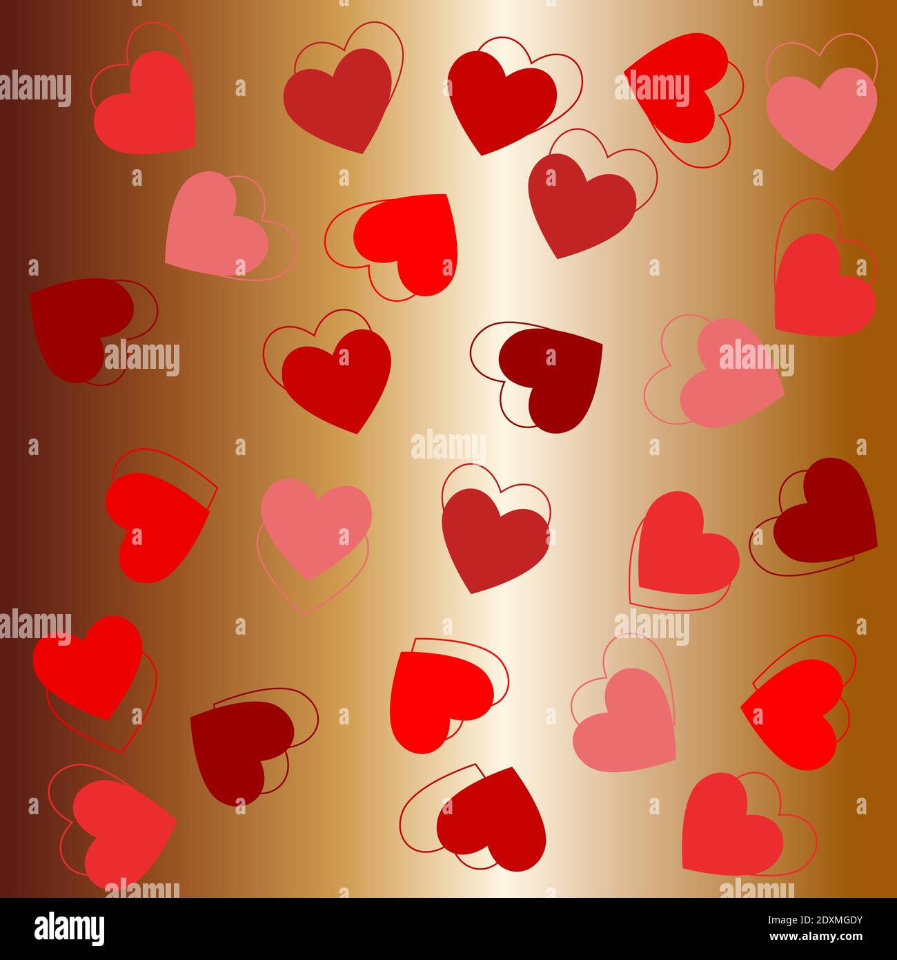 Romantic composition with double contoured hearts on bronze gradient background Stock Vector