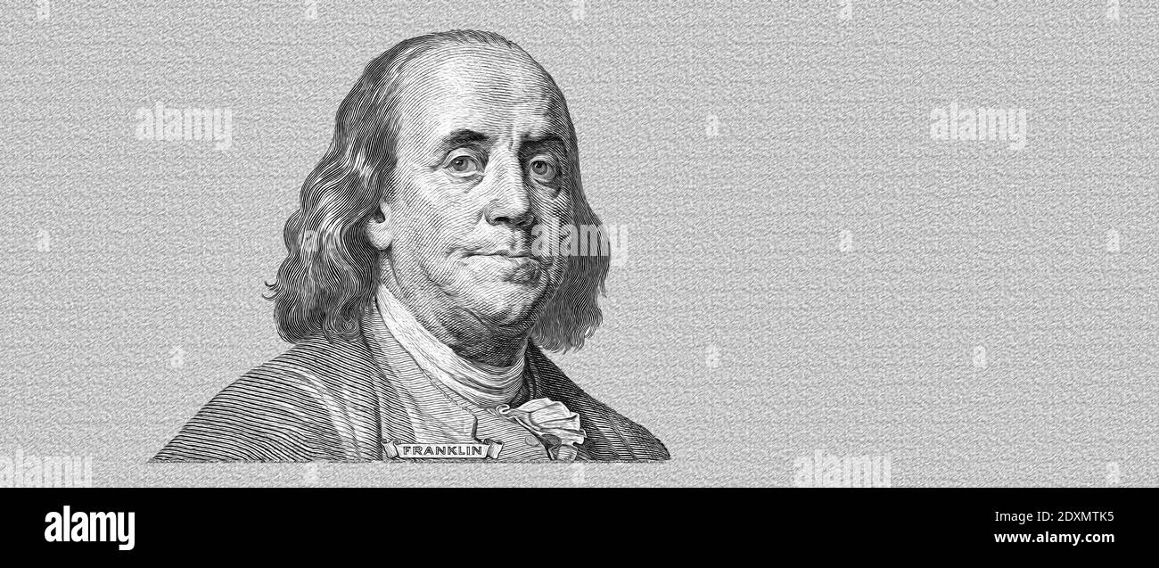 Benjamin Franklin cut on new 100 dollars banknote isolated on white background Stock Photo