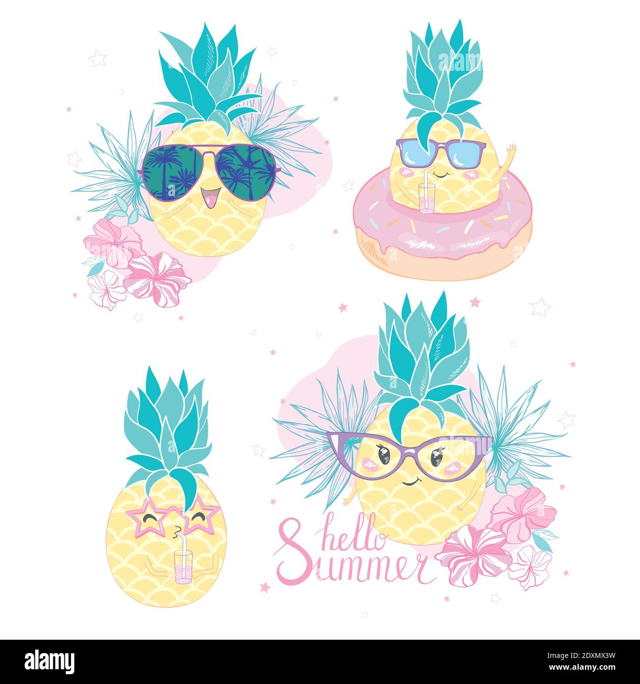 Group of five pineapples wearing different styles of sunglasses Stock Vector