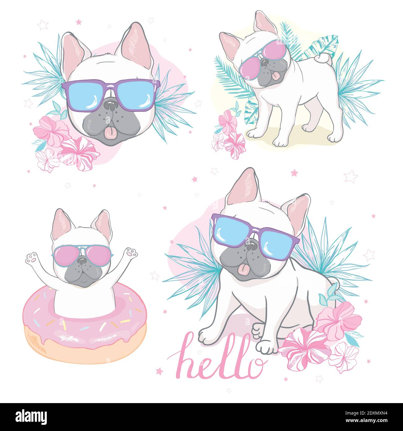 french bulldog face dog heart Glasses illustration vector cartoon Stock