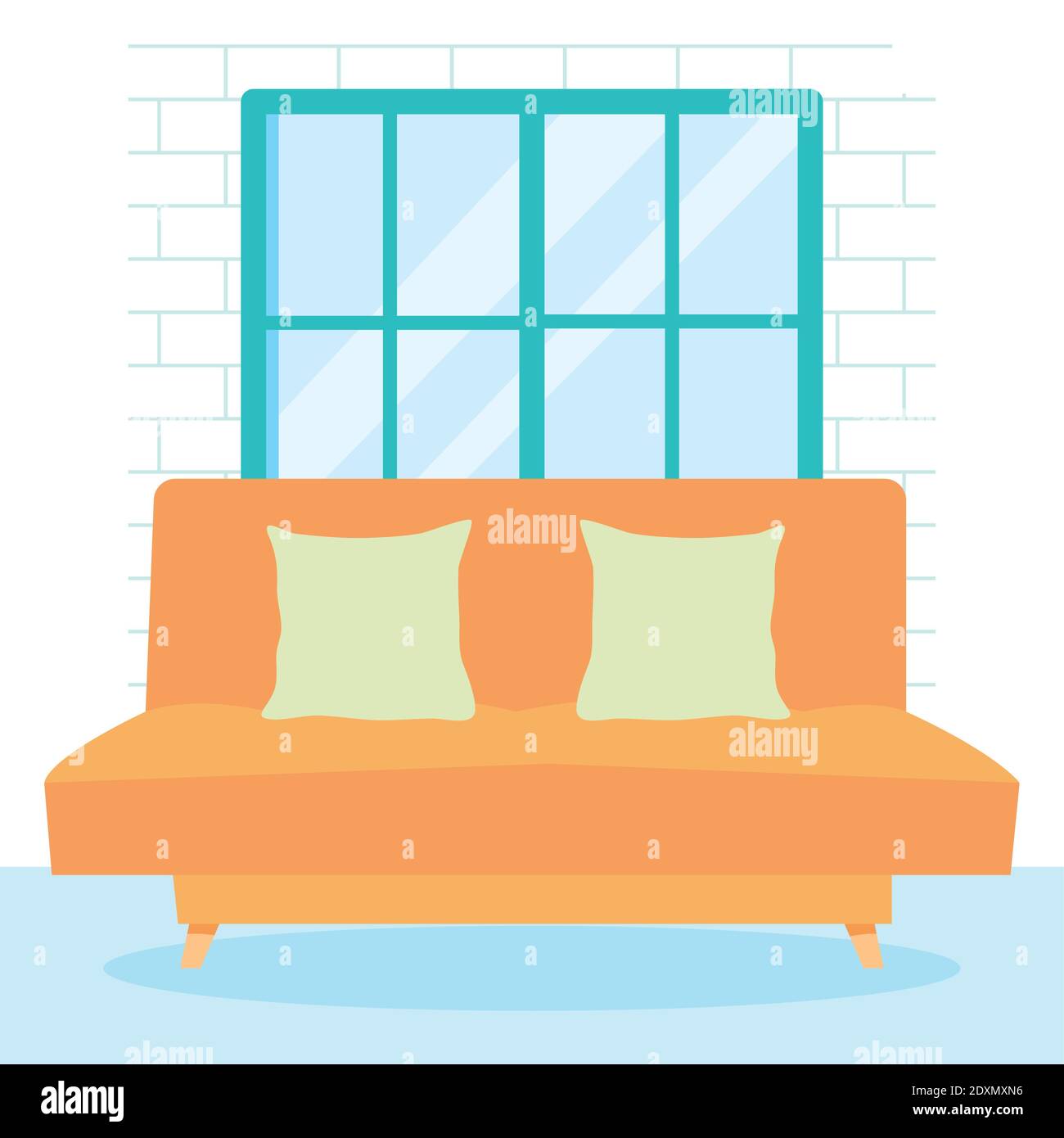 interior house design orange couch with green cushions and blue window