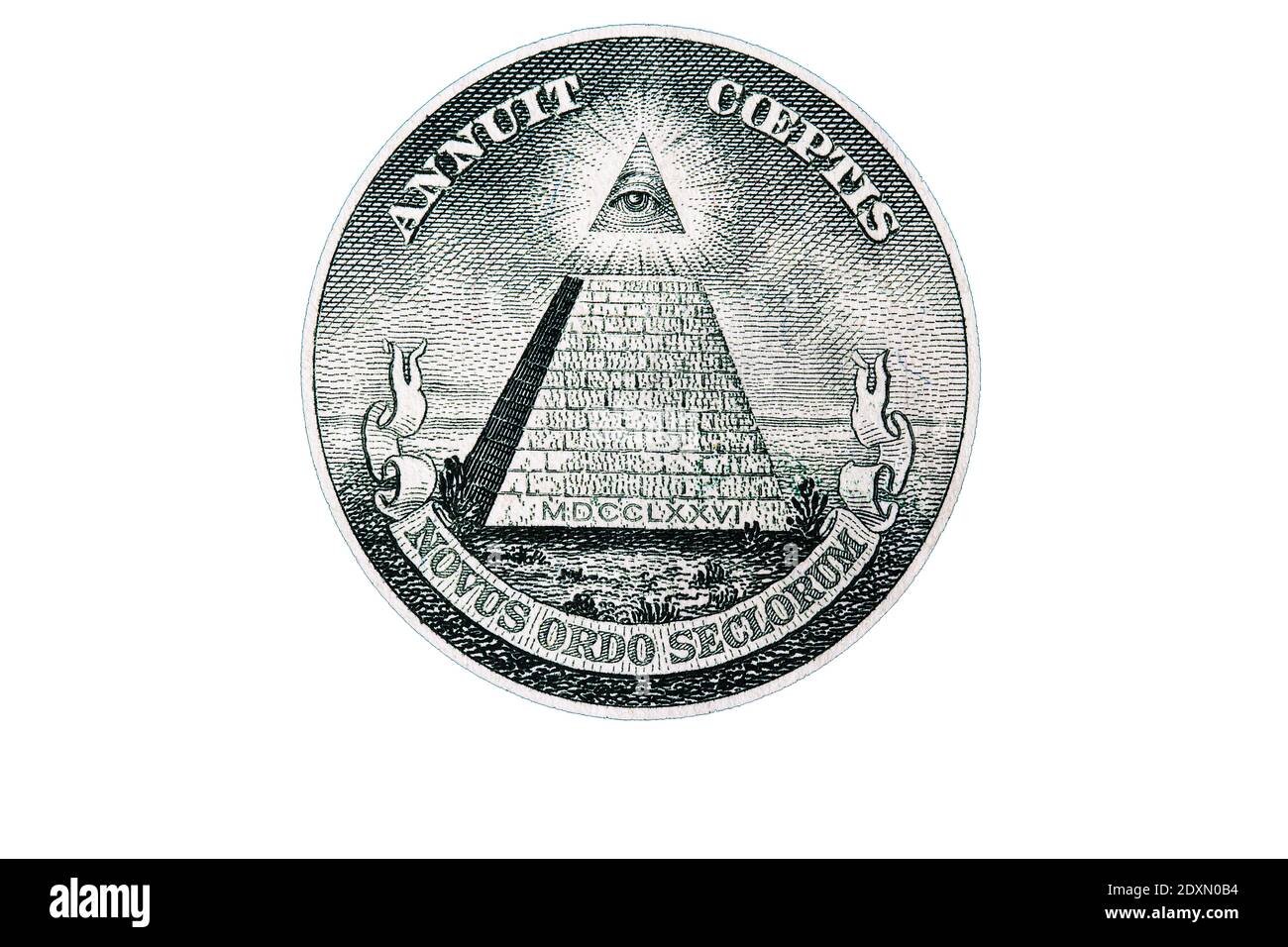 Pyramid from back side of 1 dollar bill on white background Stock Photo