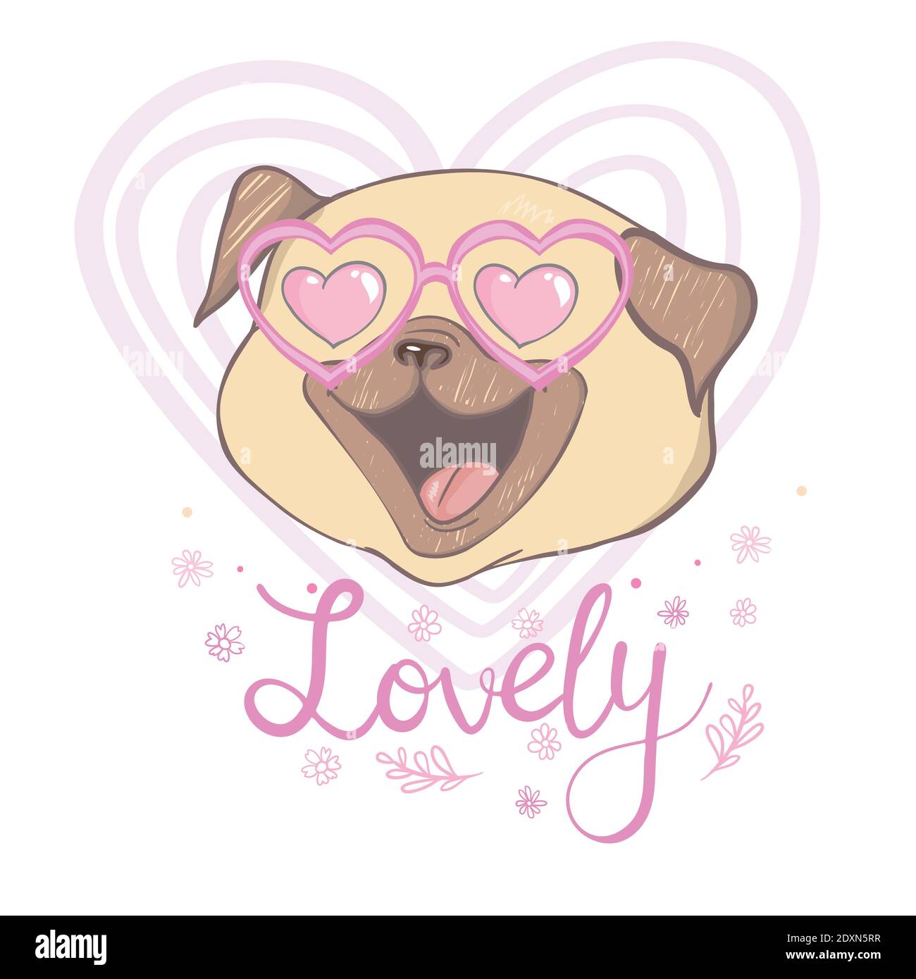 Cute puppy pug on a white background wants to play, vector card Stock Vector