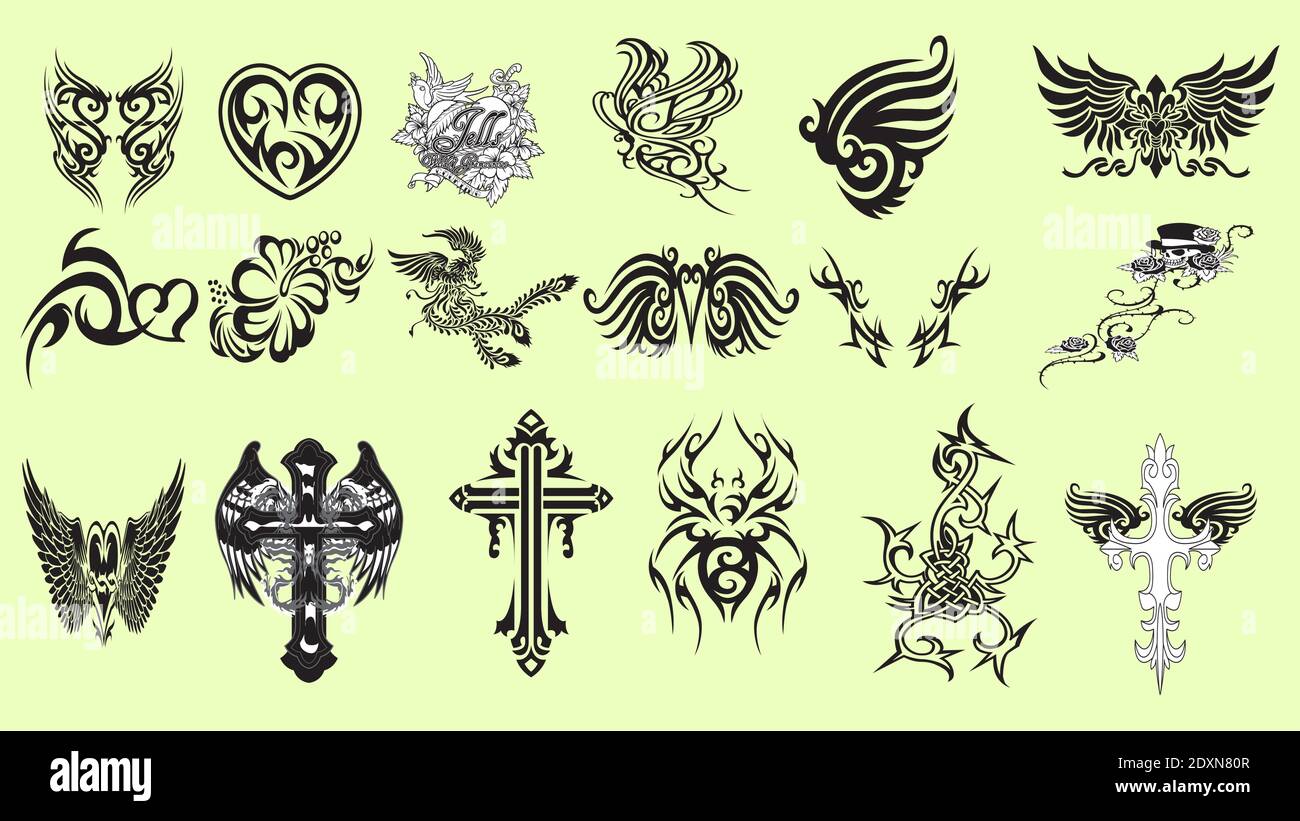 Set of colorfull and black tattoos at traditional vintage style.  symbols Stock Vector