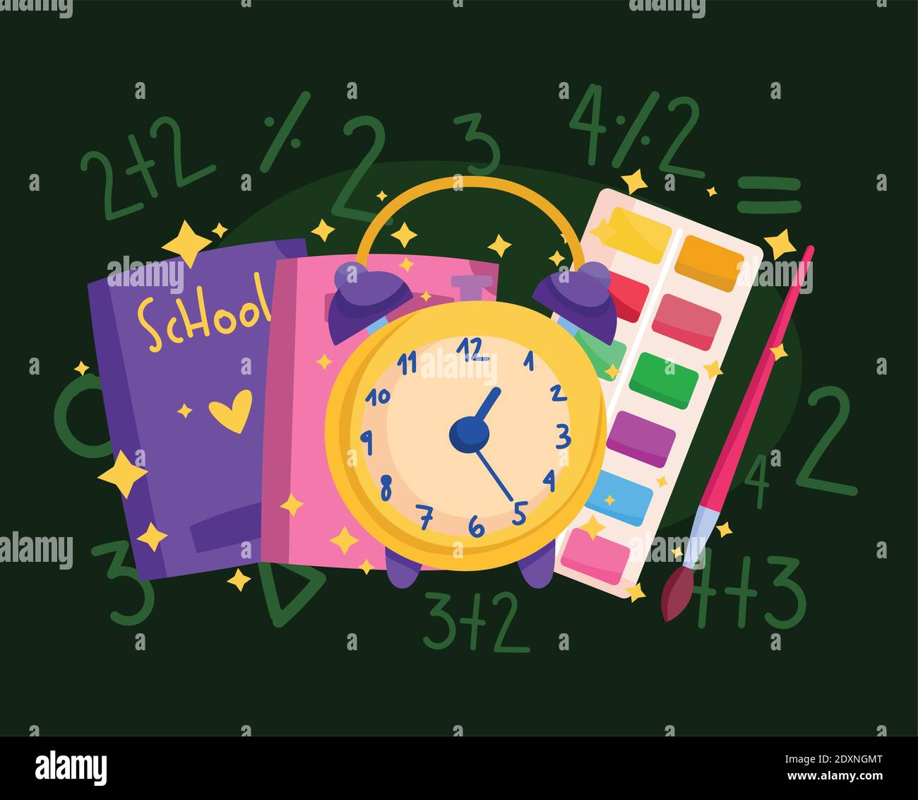 back to school alarm clock watercolor palette and books vector ...