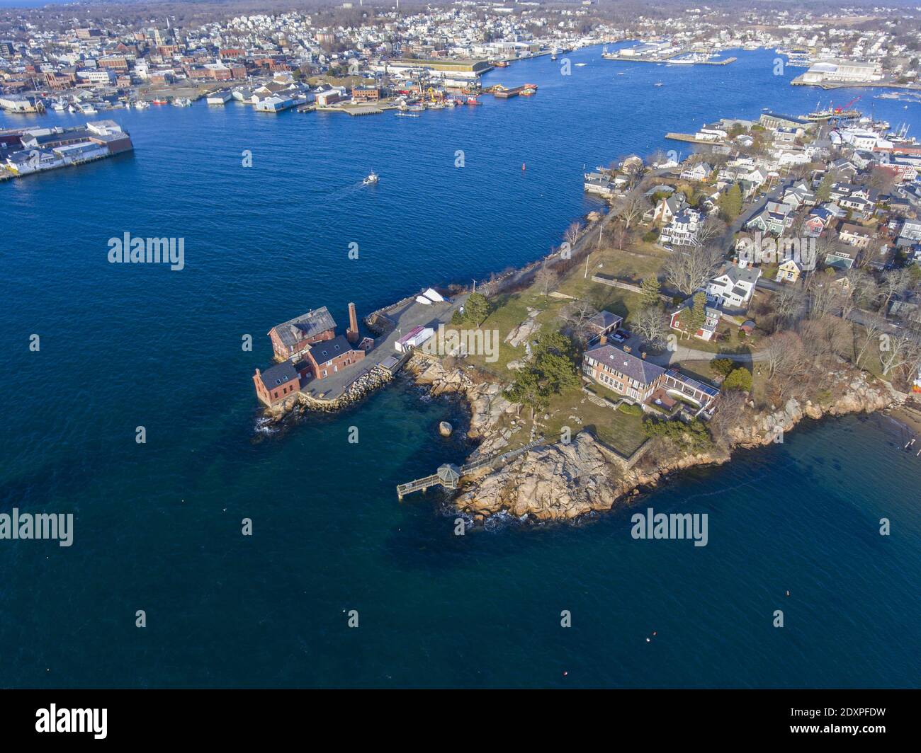 Aerial view of historic Paint Factory in Gloucester Harbor, Cape Ann, Massachusetts, USA. Stock Photo