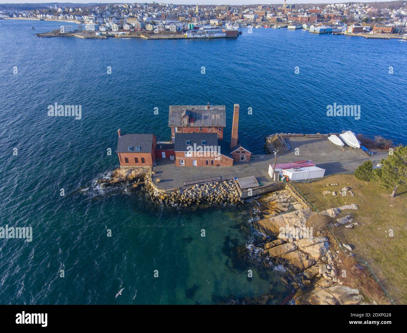 Aerial view of historic Paint Factory in Gloucester Harbor, Cape Ann, Massachusetts, USA. Stock Photo