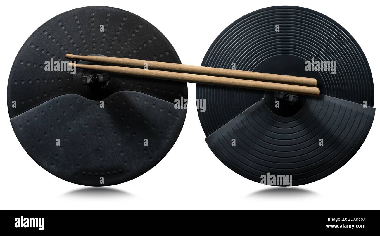 Two black cymbals of an electronic drum kit and a pair of wooden