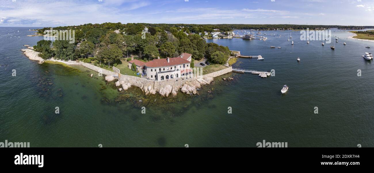 Annisquam village and yacht club aerial view, Gloucester, Cape Ann, Massachusetts MA, USA. Stock Photo