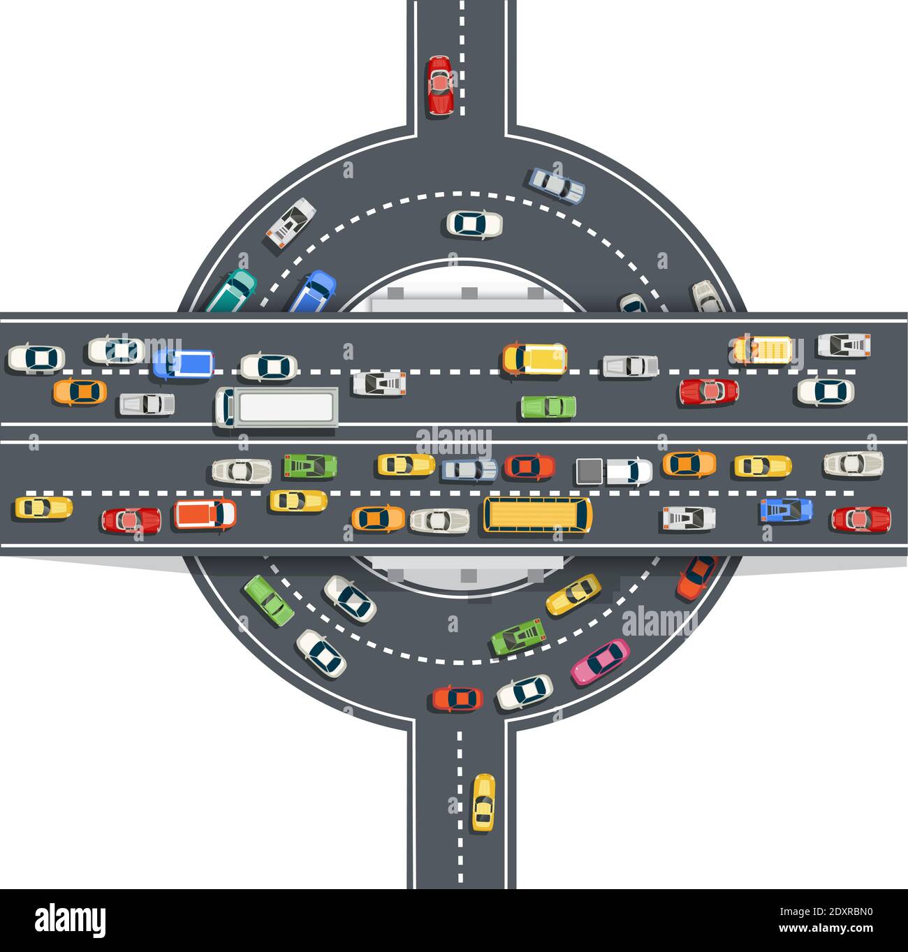 Road top view with highways many different vehicles Stock Vector