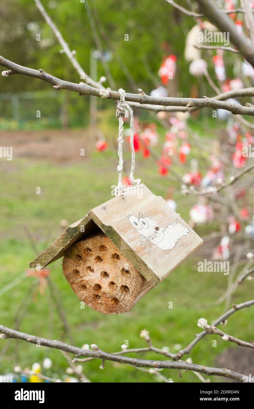 Hanging insect house in A Taste of Things to Come, Ukraine allotment theme show garden at RHS Cardiff in 2014 Stock Photo