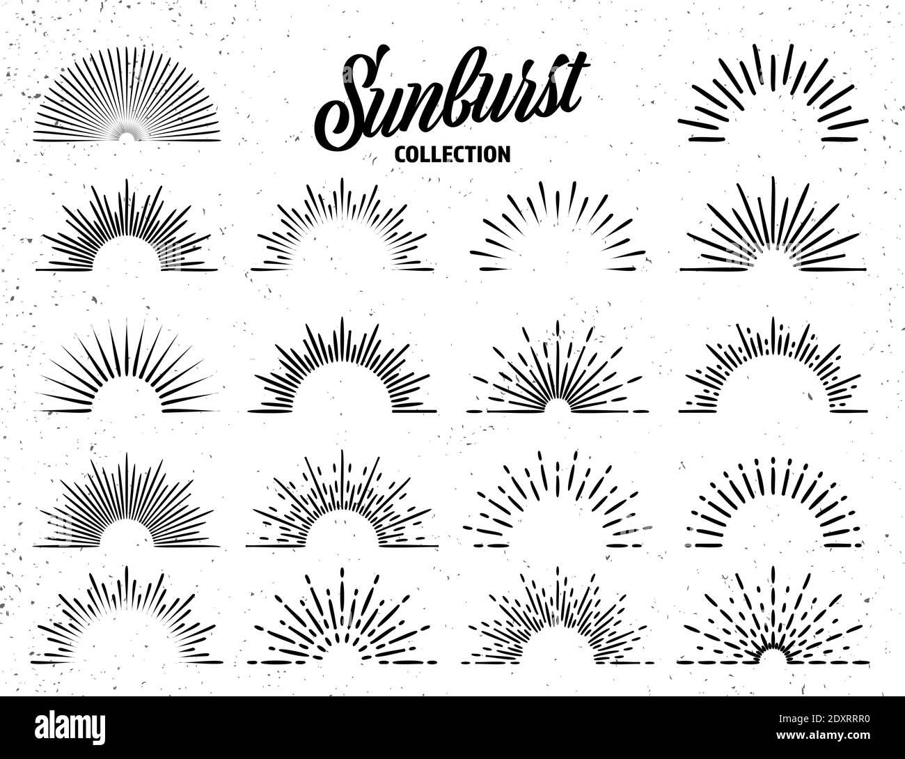 Vintage grunge sunburst collection. Bursting sun rays. Fireworks. Logotype or lettering design element. Radial sunset beams. Vector illustration. Stock Vector