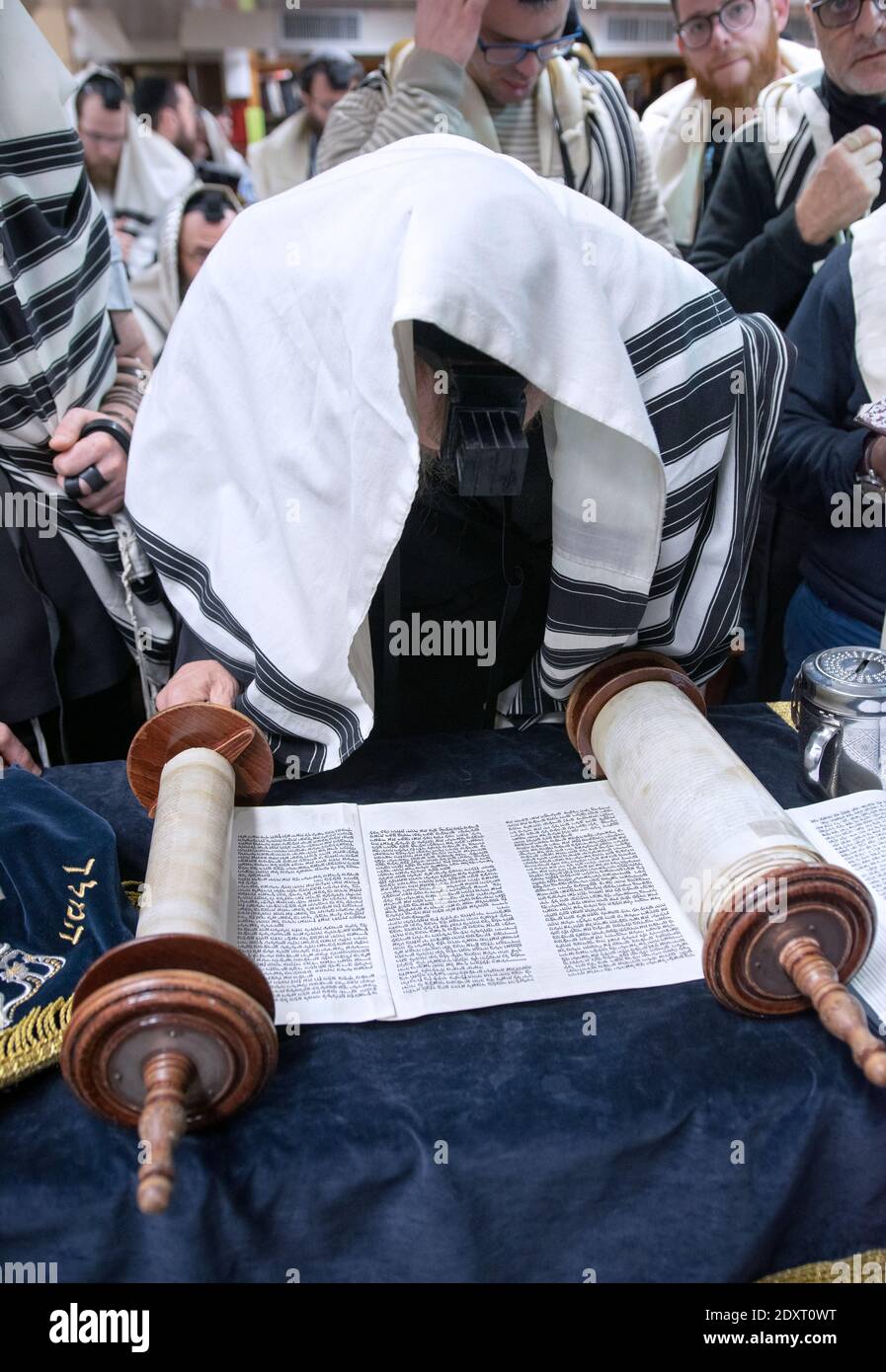 A Hasidic rabbi hidden under his prayer shawl reads from the Torah at a weekday morning service in a synagogue in Crown Heights, Brooklyn, New York Ci. Stock Photo