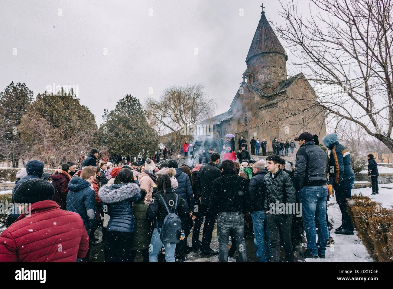 Ashtarak, Armenia, Saint Marianeh church, January 14, 2020 - Armenian people celebrating Trndez, celebration of love and faith Stock Photo
