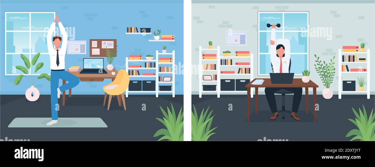 Workout in workplace flat color vector illustration set Stock Vector