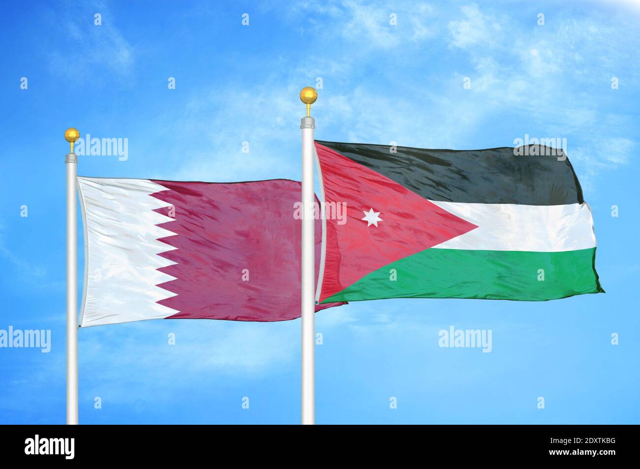 Qatar and Jordan two flags on flagpoles and blue cloudy sky Stock Photo -  Alamy