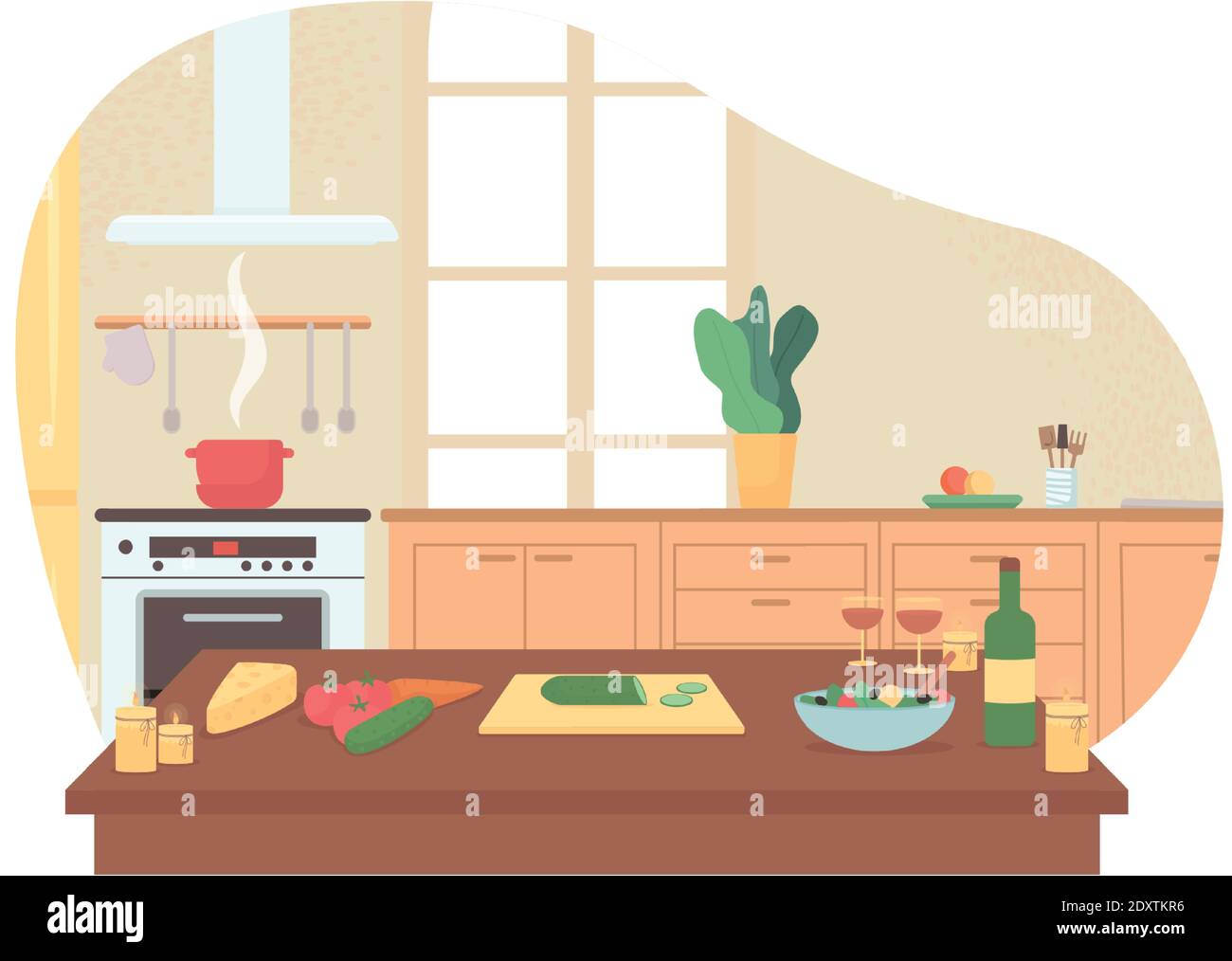 Preparing romantic dinner in home kitchen 2D vector web banner, poster Stock Vector