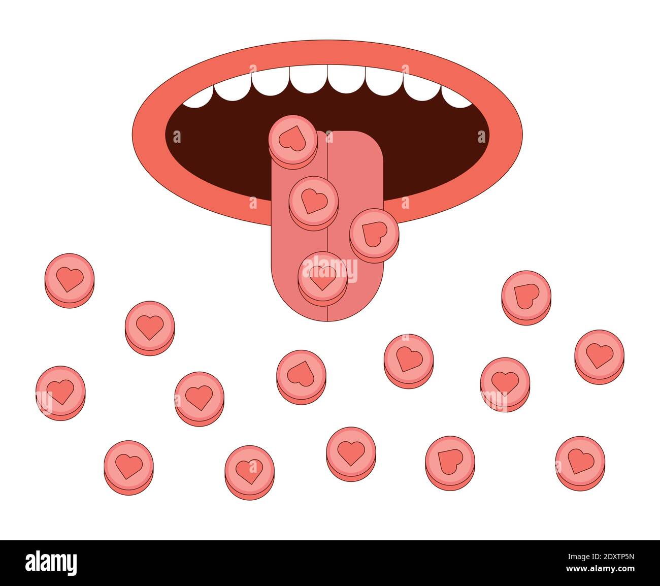 The concept of dependence on social networks. Protruding tongue with hearts or likes on it Stock Vector