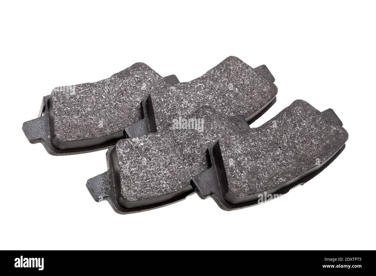 set of brake pads car spare parts, vehicle brakes system objects isolated on white background, nobody. Stock Photo
