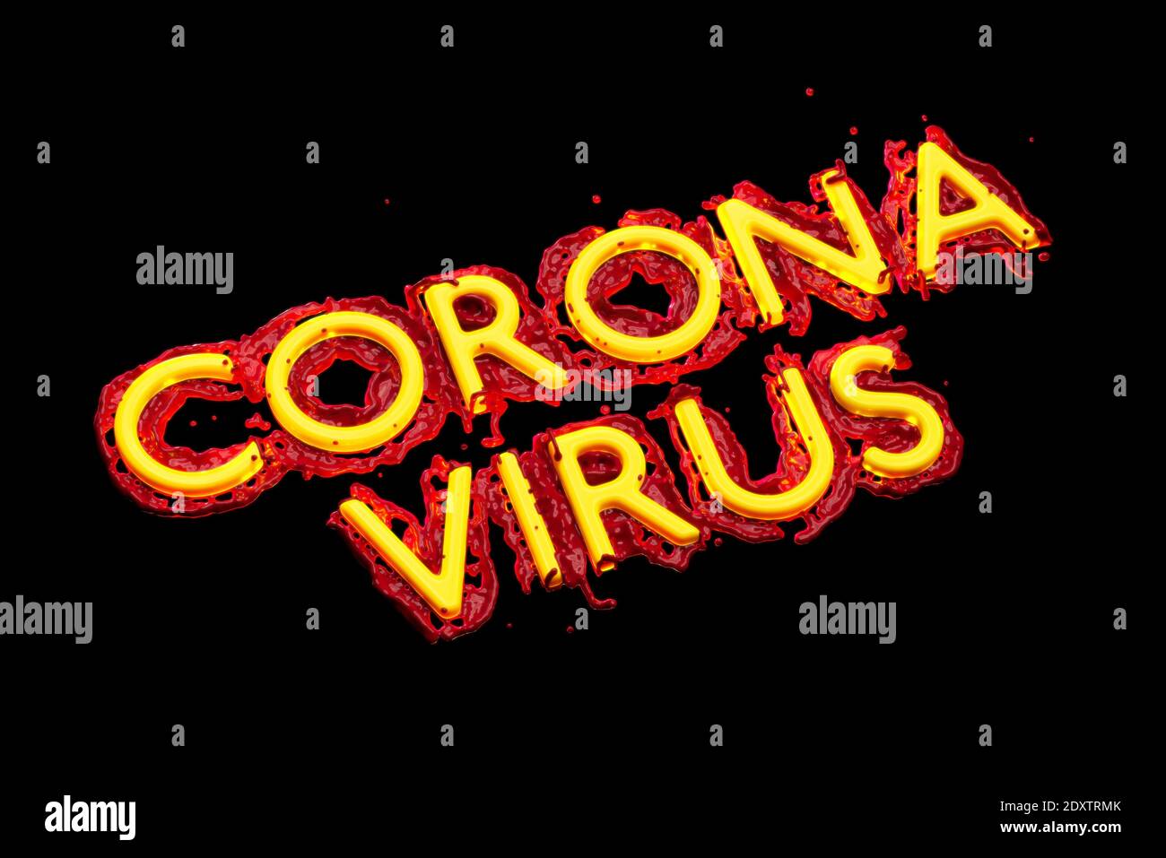 covid 19 coronavirus lettering made by red blood and yellow plastic. 3d illustration second wave concept Stock Photo