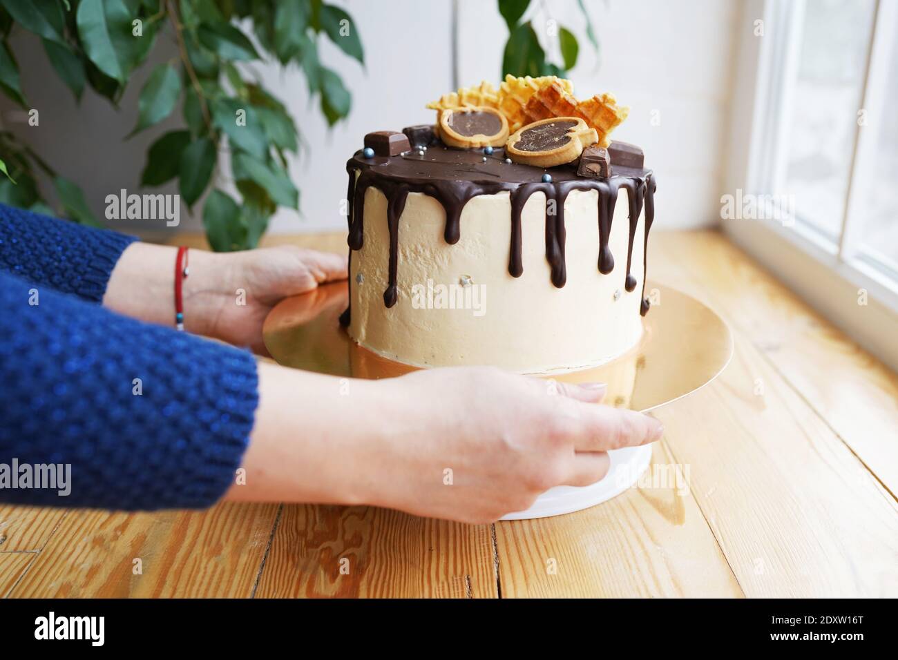 Woman's hands putting a caramel cake decorated with chocolate and waffles on wooden table near the window. Stock Photo