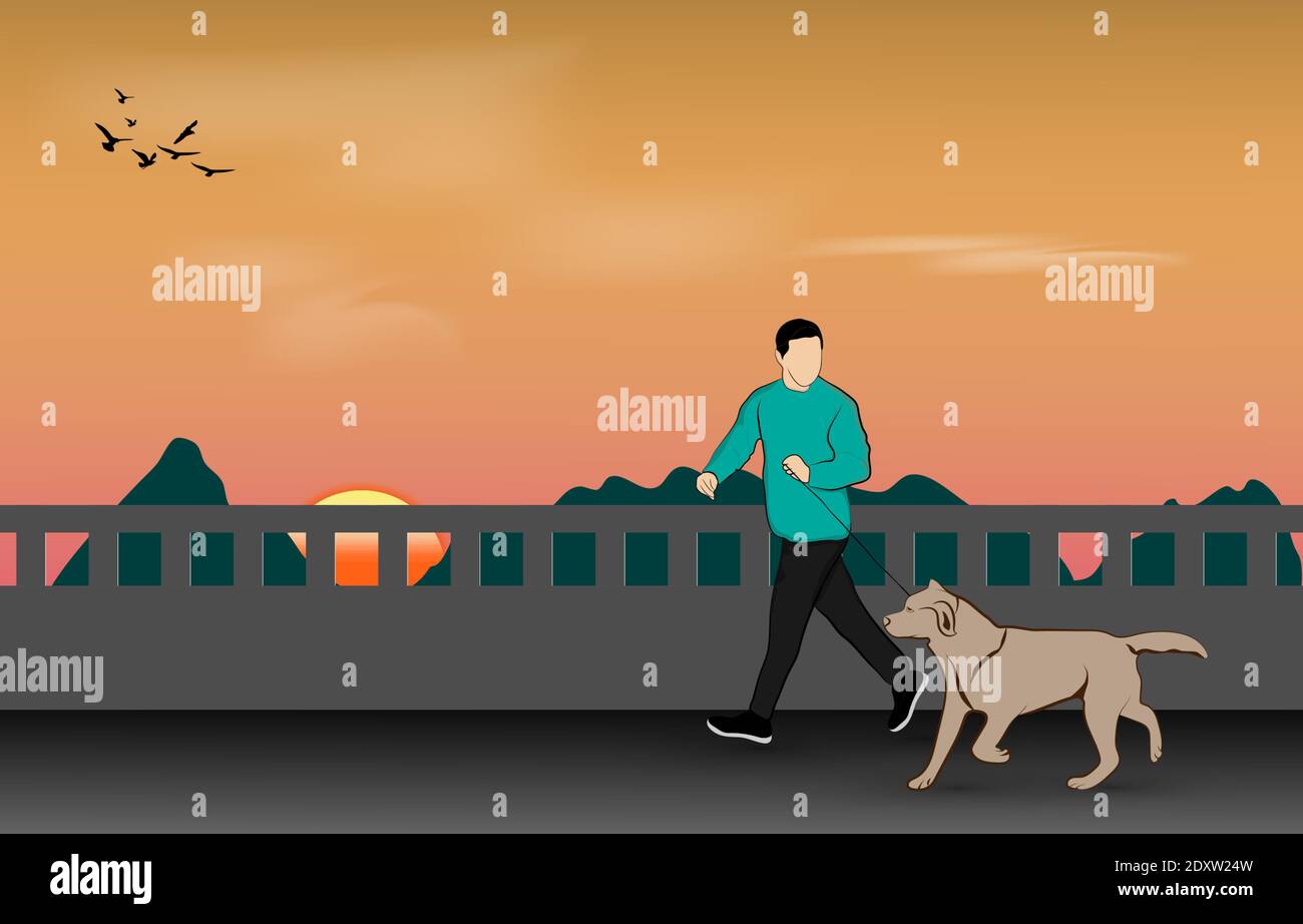 Man is walking dog together vector illustration  concept about animals and pets Stock Vector