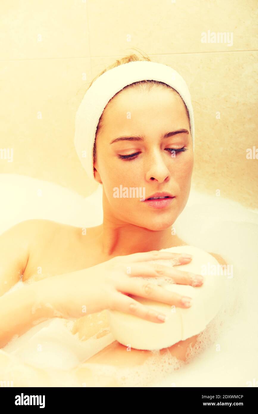 Woman Taking Bath In Bathtub Stock Photo Alamy