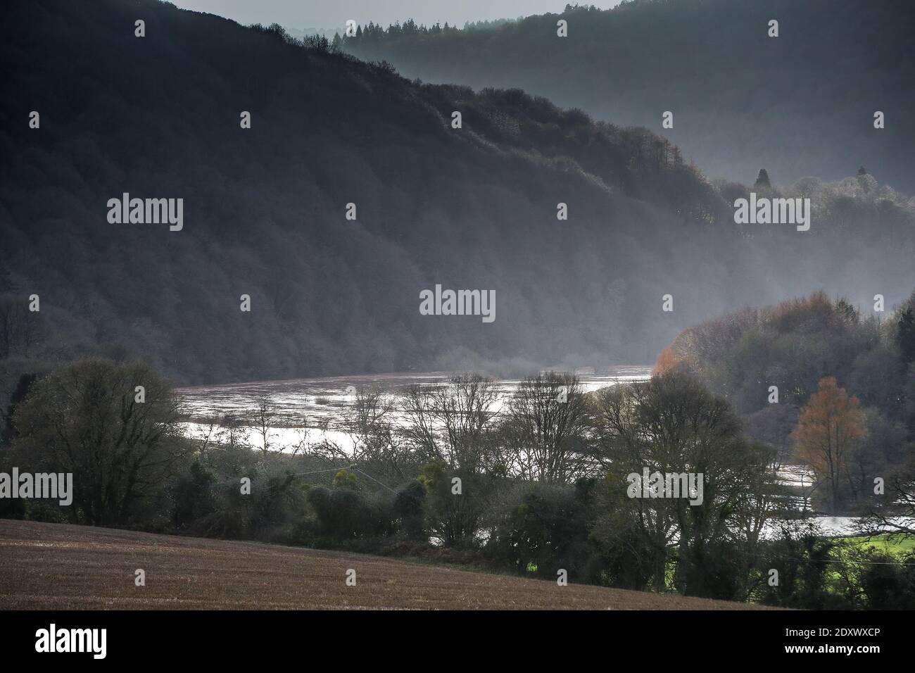 The River Wye bursts its bank in overnight flooding along the Wye Valley, Wales. River levels may yet get higher. Stock Photo