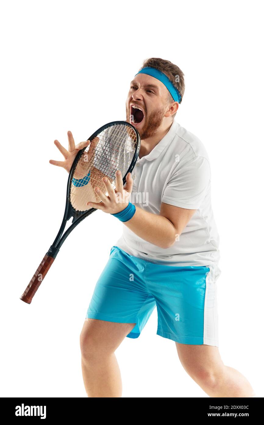 Angry. Highly tensioned game. Funny emotions of professional tennis player  isolated on white studio background. Excitement in game, human emotions,  facial expression and passion with sport concept Stock Photo - Alamy