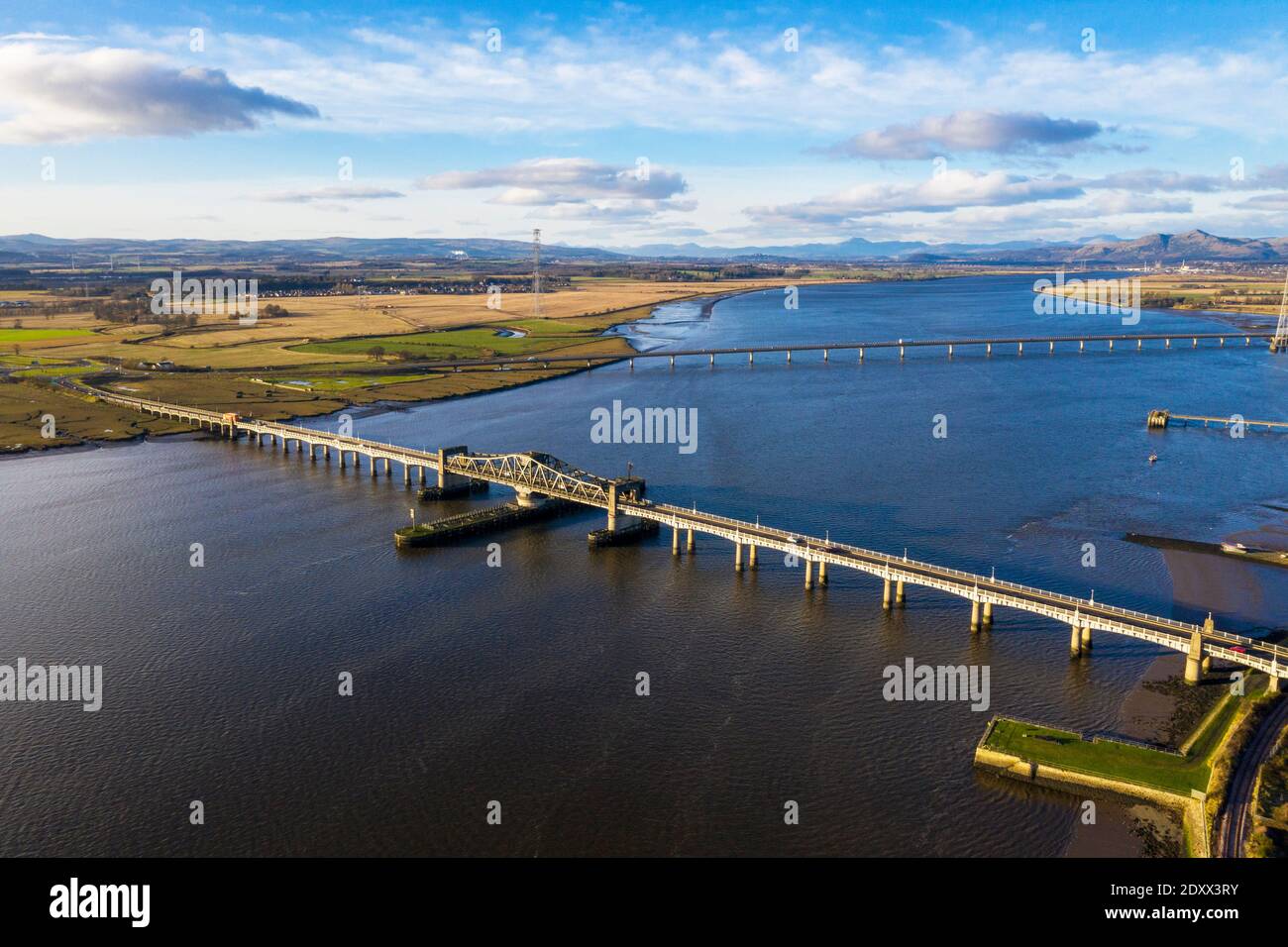 Aerial view of the Kincardine bridge and Clackmannanshire bridge spanning the  Firth of Forth at Kincardine-on-Forth, Scotland. Stock Photo