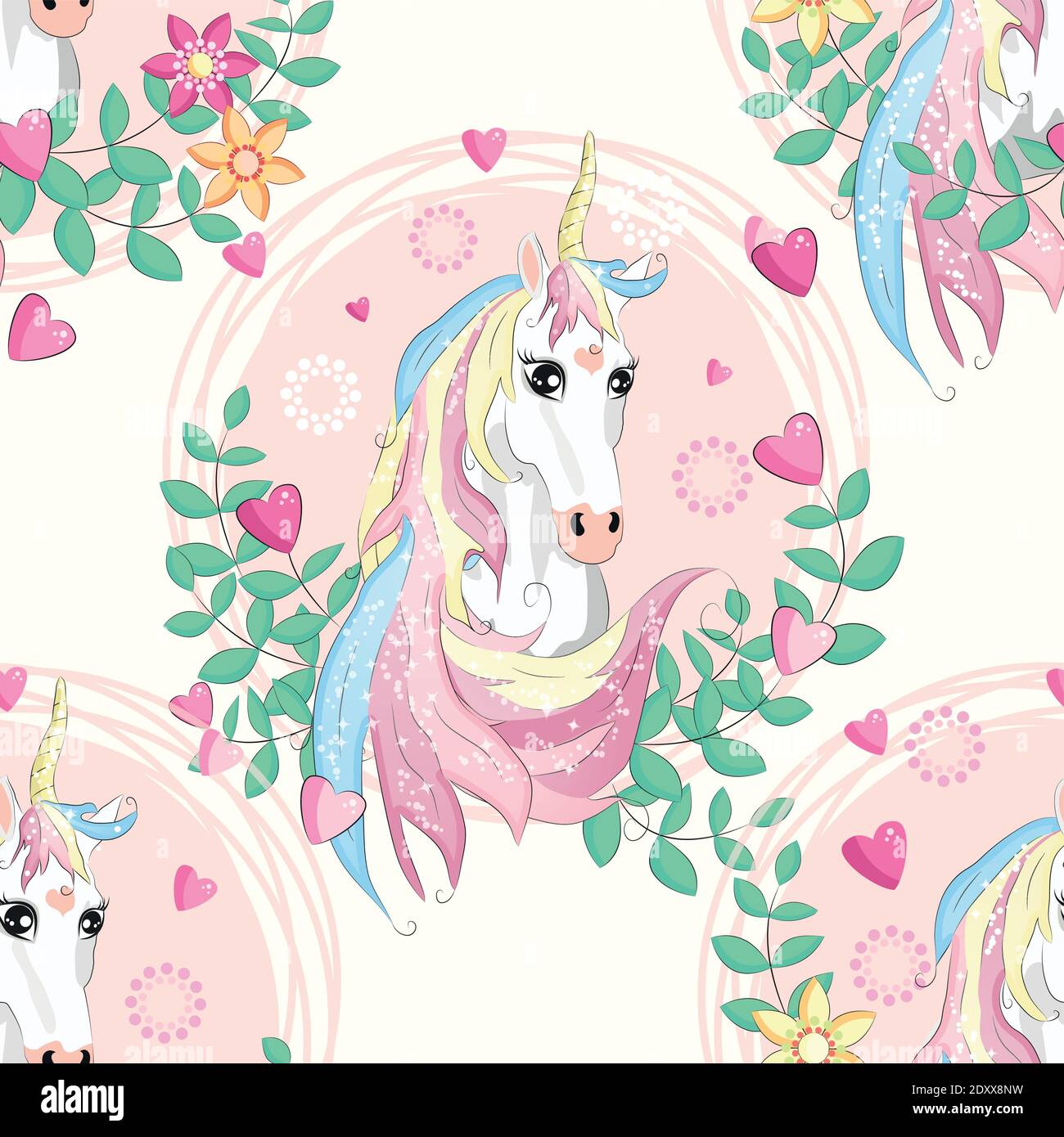 Seamless pattern with unicorns, donuts rainbow, confetti and other elements Stock Vector