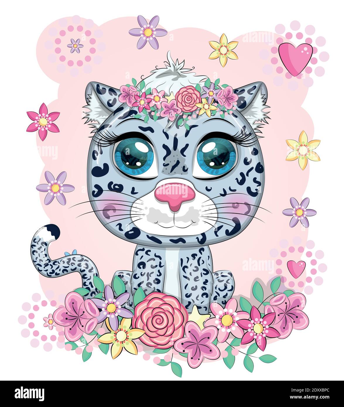 Cartoon snow leopard with expressive eyes. Wild animals, character, childish cute style. Stock Vector