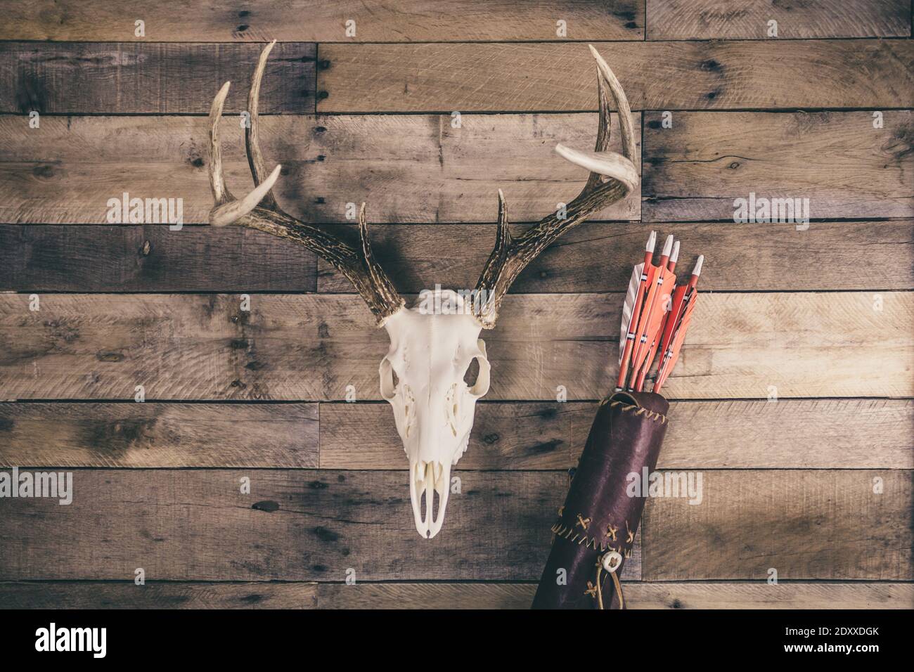 A traditional archery hunting scene with quiver of arrows and buck