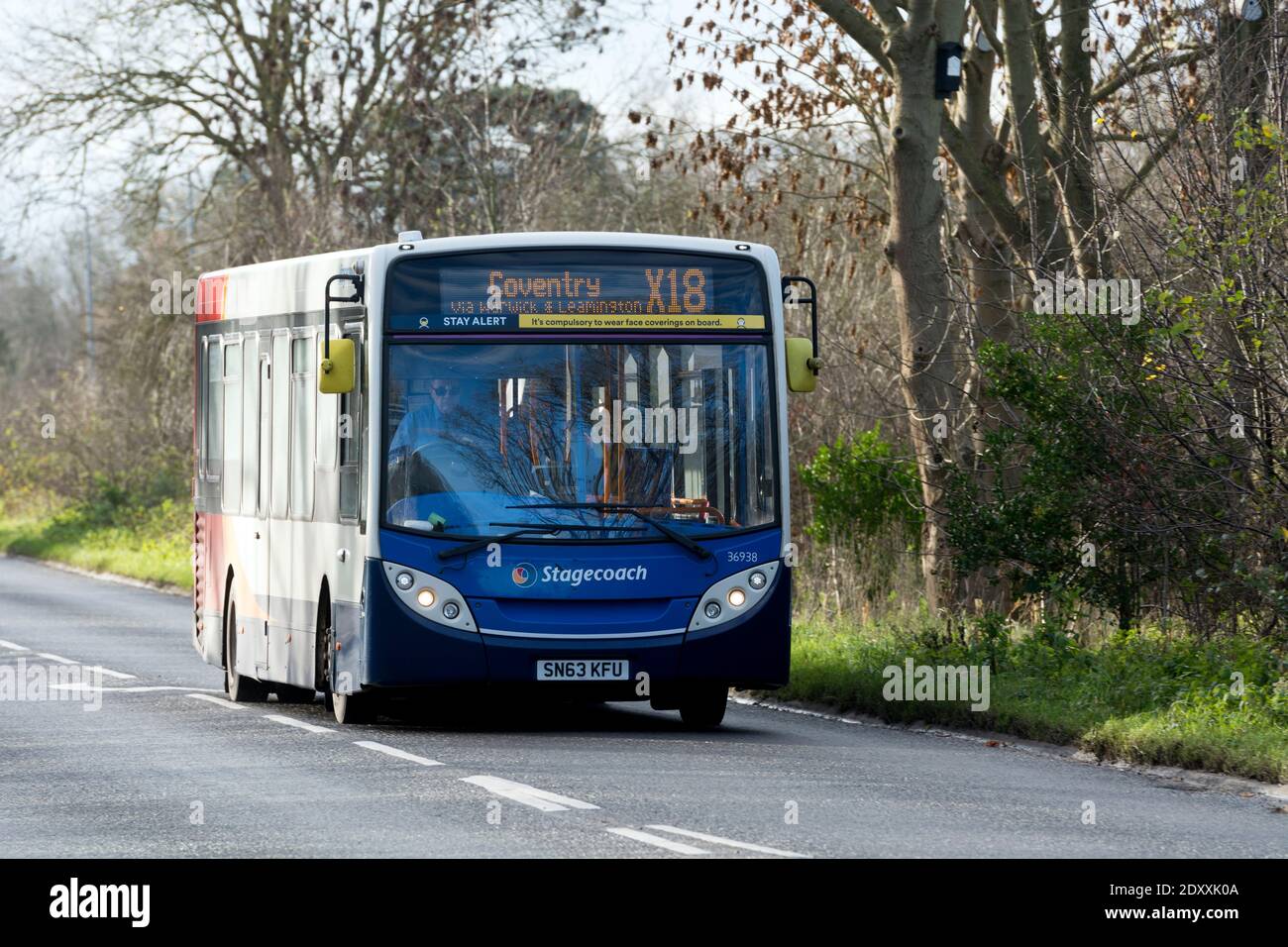 Stagecoach X18 bus service to Coventry approaching Warwick