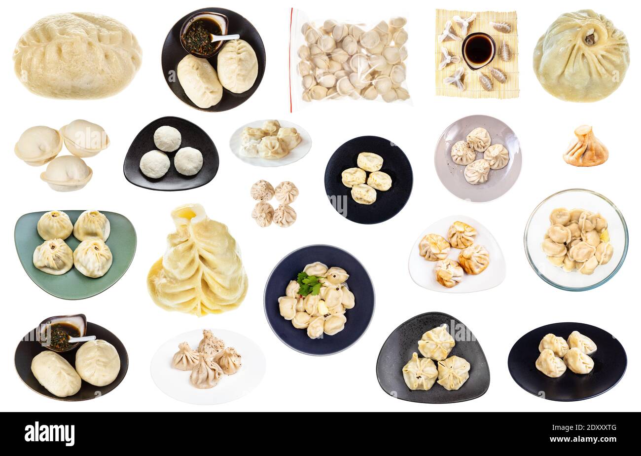 set of various dumplings (dim sum, buuz, pelmeni, pyanse, khinkali, manti, etc) isolated on white background Stock Photo
