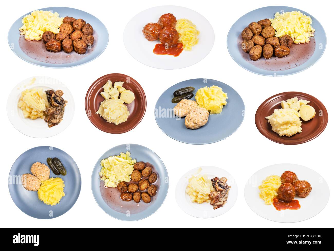 set of various dishes with mashed potato as side dish on plate isolated