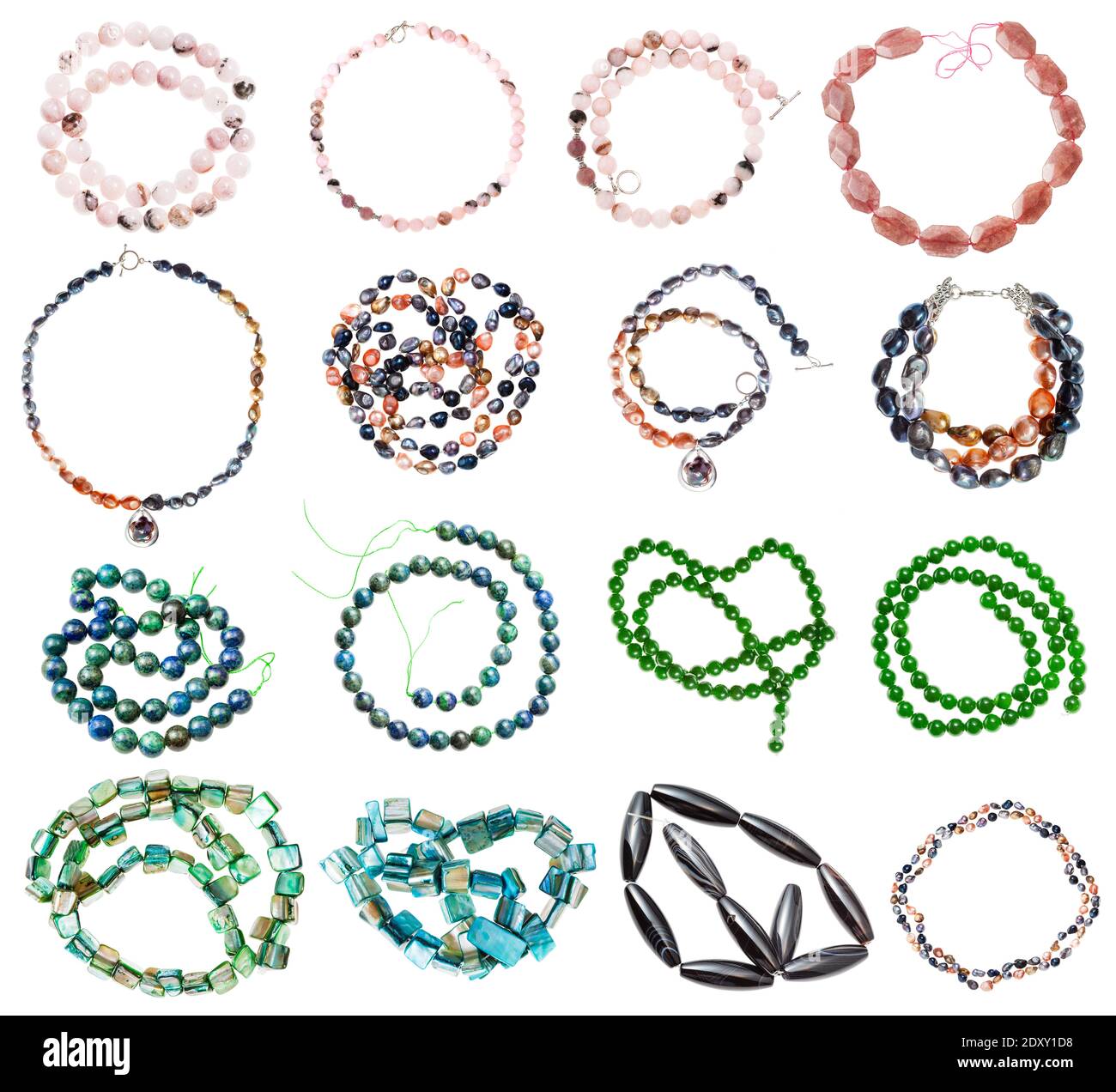 collection of various strings of beads from gemstones (rose quartz, nephrite, jade, nacre, river pearls, aventurine, agate, azurite, malachite) isolat Stock Photo