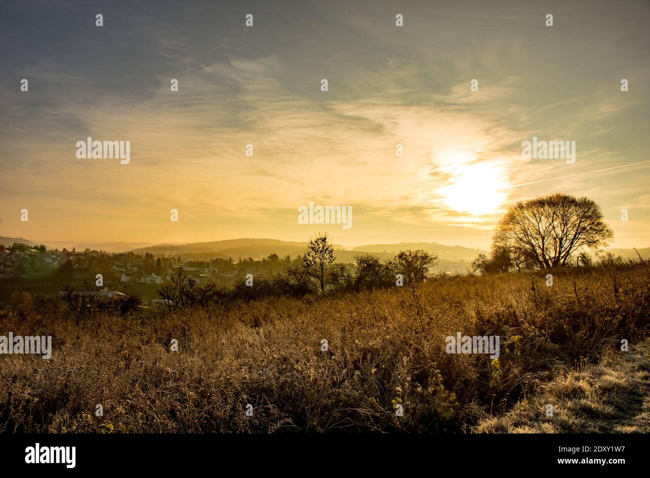 Scenic View Of Field Against Sky During Sunset Stock Photo