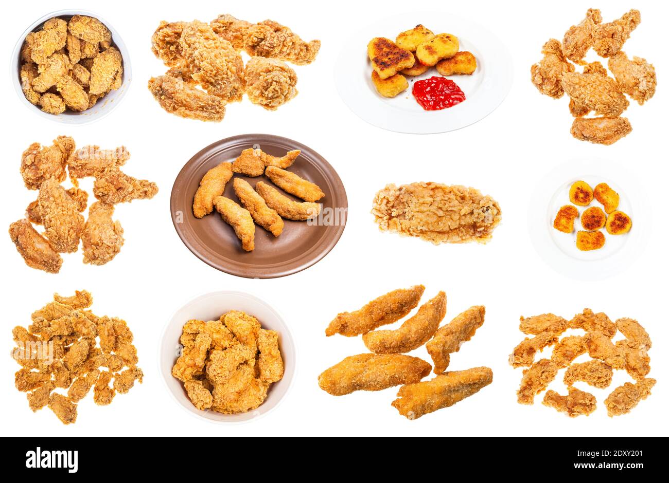 set of various deep fried chicken pieces (nuggets, strips, wings, etc) isolated on white background Stock Photo